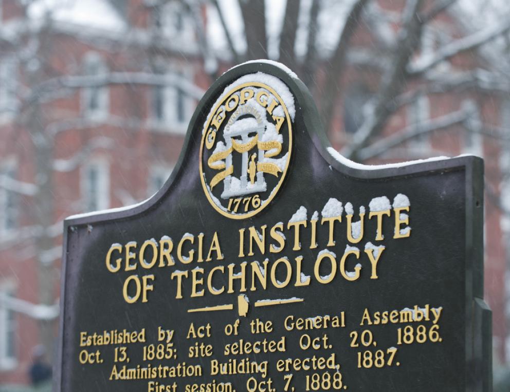 Snowy campus sign at Georgia Tech.